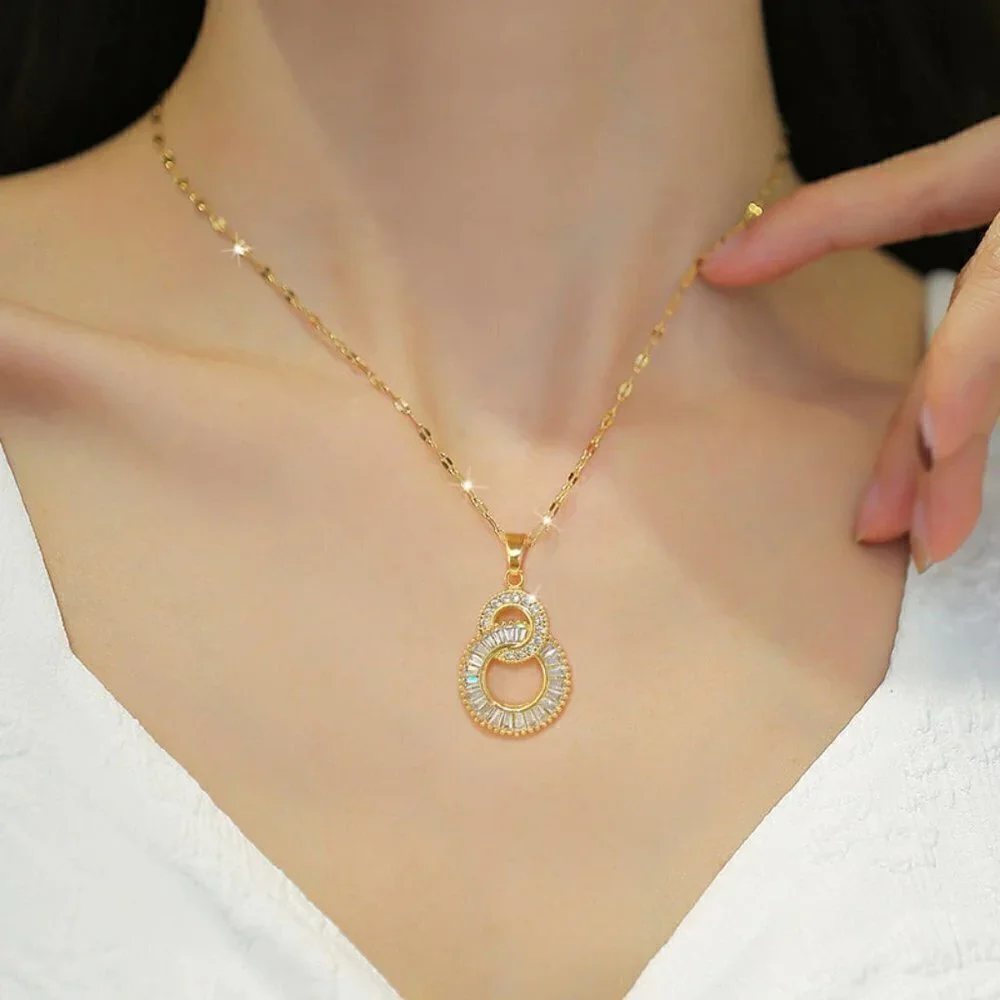 NEW 14K Yellow Gold Eternity Circles Crystal Luxury Necklace
